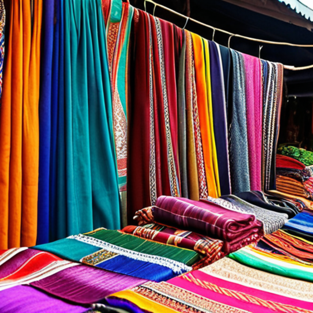 **

A vibrant, bustling Thai market stall overflowing with colorful textiles. Focus on hand-woven silk scarves with intricate patterns and rich colors. In the background, show a glimpse of the market with other vendors and shoppers to convey a sense of authentic local commerce. Soft, diffused lighting to highlight the textures of the fabrics.

**