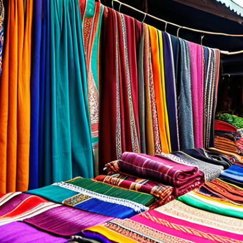 **

A vibrant, bustling Thai market stall overflowing with colorful textiles. Focus on hand-woven silk scarves with intricate patterns and rich colors. In the background, show a glimpse of the market with other vendors and shoppers to convey a sense of authentic local commerce. Soft, diffused lighting to highlight the textures of the fabrics.

**