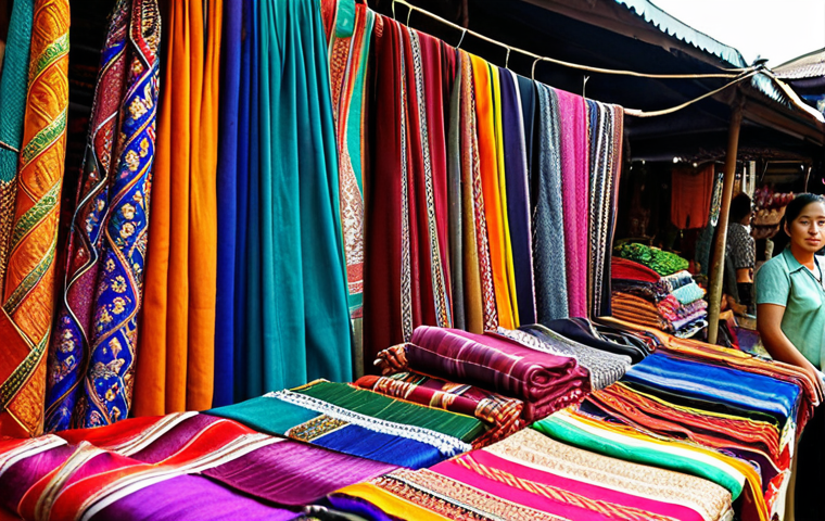 **

A vibrant, bustling Thai market stall overflowing with colorful textiles. Focus on hand-woven silk scarves with intricate patterns and rich colors. In the background, show a glimpse of the market with other vendors and shoppers to convey a sense of authentic local commerce. Soft, diffused lighting to highlight the textures of the fabrics.

**