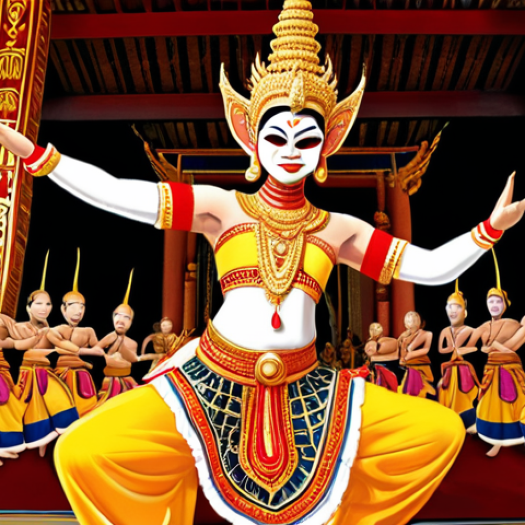 **Prompt:** A vibrant and detailed digital painting of a Khon dancer in mid-performance. The dancer is wearing an ornate golden mask and costume, striking a dynamic pose. The background features a traditional Thai temple and a *piphat* orchestra playing instruments such as *ranat ek* and *khong wong yai*. Focus on capturing the emotion and energy of the performance, with strong lighting and rich colors. Include the words "Khon Dance" subtly in the image design, perhaps as part of a banner or architectural detail.