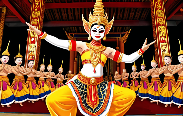 **Prompt:** A vibrant and detailed digital painting of a Khon dancer in mid-performance. The dancer is wearing an ornate golden mask and costume, striking a dynamic pose. The background features a traditional Thai temple and a *piphat* orchestra playing instruments such as *ranat ek* and *khong wong yai*. Focus on capturing the emotion and energy of the performance, with strong lighting and rich colors. Include the words "Khon Dance" subtly in the image design, perhaps as part of a banner or architectural detail.
