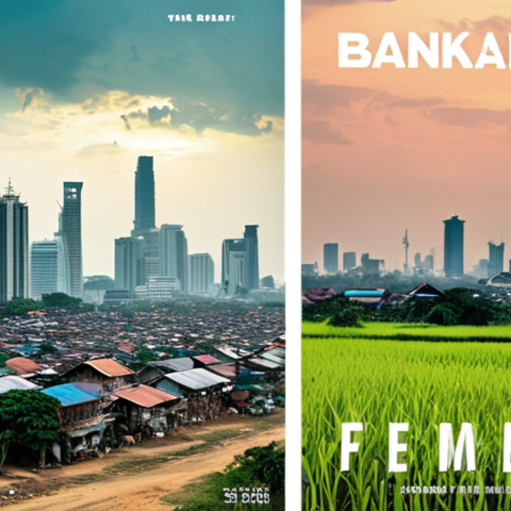 A socially conscious novel cover: A stark, contrasting image depicting the Bangkok skyline in the background, opulent and modern, juxtaposed with a foreground scene of a struggling rural community facing environmental degradation, symbolizing inequality and the impact of unsustainable development in Thailand. Include Thai script in a modern font on the cover.
