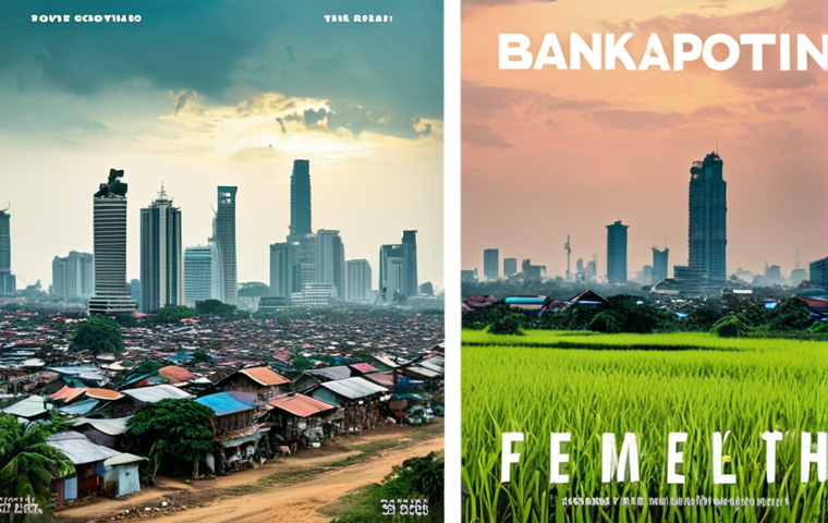 A socially conscious novel cover: A stark, contrasting image depicting the Bangkok skyline in the background, opulent and modern, juxtaposed with a foreground scene of a struggling rural community facing environmental degradation, symbolizing inequality and the impact of unsustainable development in Thailand. Include Thai script in a modern font on the cover.