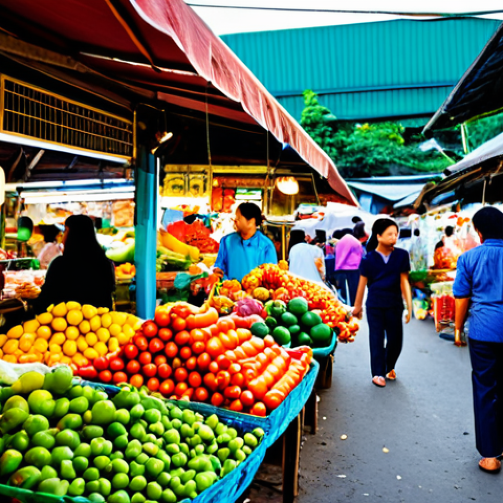 Vibrant Thai Market Scene**
"A bustling Thai market with vendors selling colorful fruits, vegetables, and spices, fully clothed people browsing the stalls, appropriate content, safe for work, perfect anatomy, natural proportions, professional photography, high quality, modest attire, family-friendly environment, vivid colors, shallow depth of field, photorealistic."
**