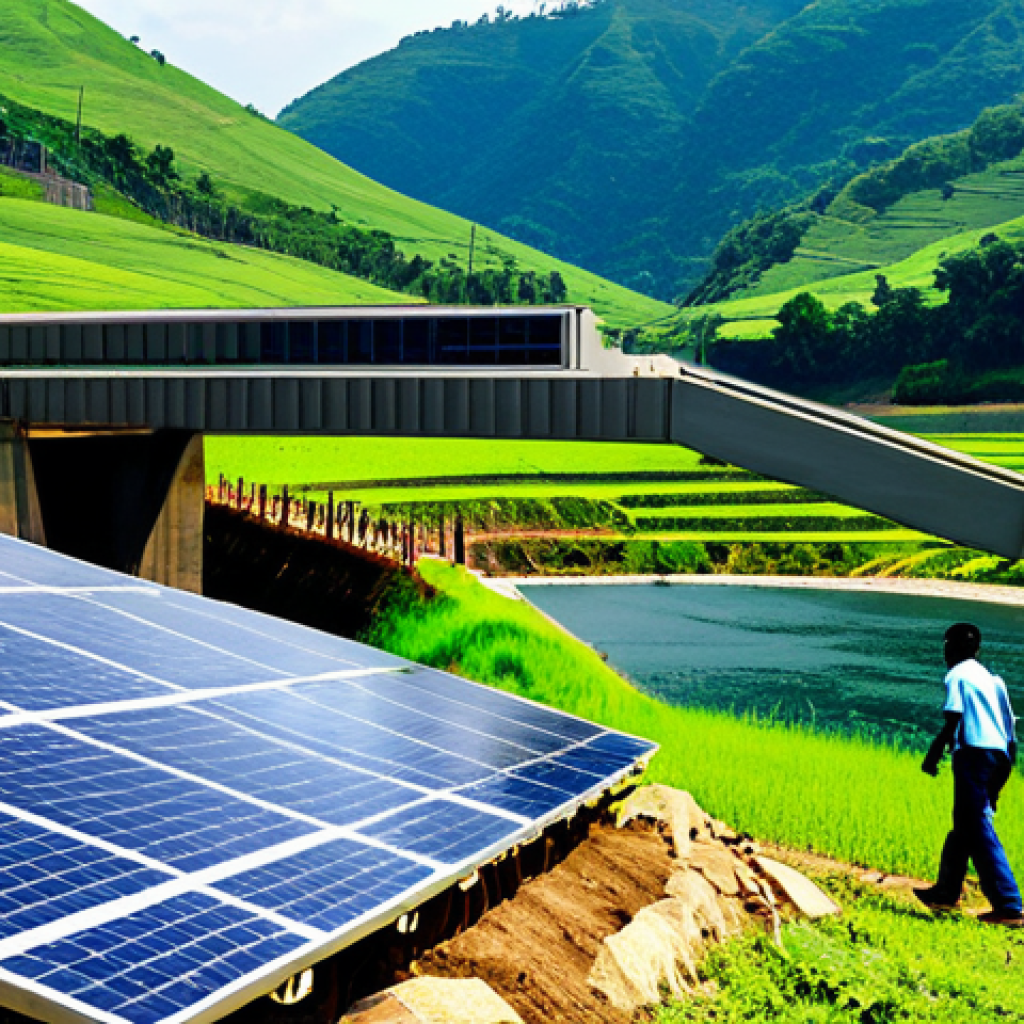 Sustainable Energy Balance**
"A vibrant landscape showing a modern hydroelectric dam seamlessly integrated into a lush, green environment. Solar panels are visible on nearby hills, complementing the dam. Villagers are shown engaging in sustainable farming practices nearby. The scene evokes a sense of harmony between technological progress and environmental preservation. Fully clothed people are working together. Safe for work, appropriate content, fully clothed, professional depiction of sustainable energy, perfect anatomy, natural proportions, high quality."
**