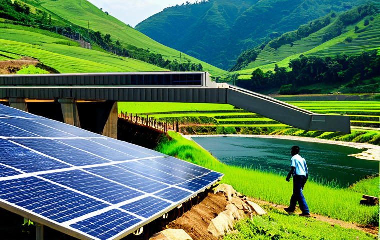Sustainable Energy Balance**
"A vibrant landscape showing a modern hydroelectric dam seamlessly integrated into a lush, green environment. Solar panels are visible on nearby hills, complementing the dam. Villagers are shown engaging in sustainable farming practices nearby. The scene evokes a sense of harmony between technological progress and environmental preservation. Fully clothed people are working together. Safe for work, appropriate content, fully clothed, professional depiction of sustainable energy, perfect anatomy, natural proportions, high quality."
**