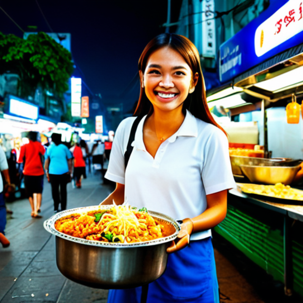 **
"A bustling Bangkok street scene, filled with food stalls and vibrant lights at night, a fully clothed female tourist wearing modest travel attire samples Pad Thai from a street vendor, smiling, safe for work, appropriate content, professional photography, perfect anatomy, natural proportions, high quality, family-friendly."
**