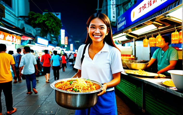 **
"A bustling Bangkok street scene, filled with food stalls and vibrant lights at night, a fully clothed female tourist wearing modest travel attire samples Pad Thai from a street vendor, smiling, safe for work, appropriate content, professional photography, perfect anatomy, natural proportions, high quality, family-friendly."
**