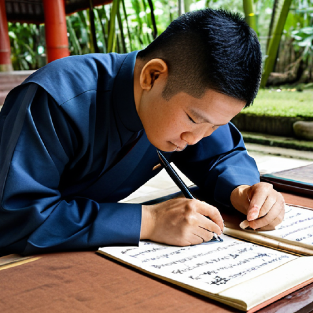 **
"A Thai calligrapher, fully clothed in traditional Thai clothing, meticulously writing Buddhist scriptures with a bamboo pen on Saa paper in a serene temple setting, surrounded by ancient tools and inkstones, appropriate attire, safe for work, perfect anatomy, correct proportions, well-formed hands, proper finger count, family-friendly, professional."
**