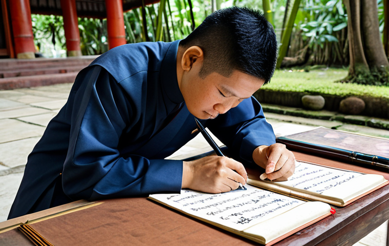**
"A Thai calligrapher, fully clothed in traditional Thai clothing, meticulously writing Buddhist scriptures with a bamboo pen on Saa paper in a serene temple setting, surrounded by ancient tools and inkstones, appropriate attire, safe for work, perfect anatomy, correct proportions, well-formed hands, proper finger count, family-friendly, professional."
**