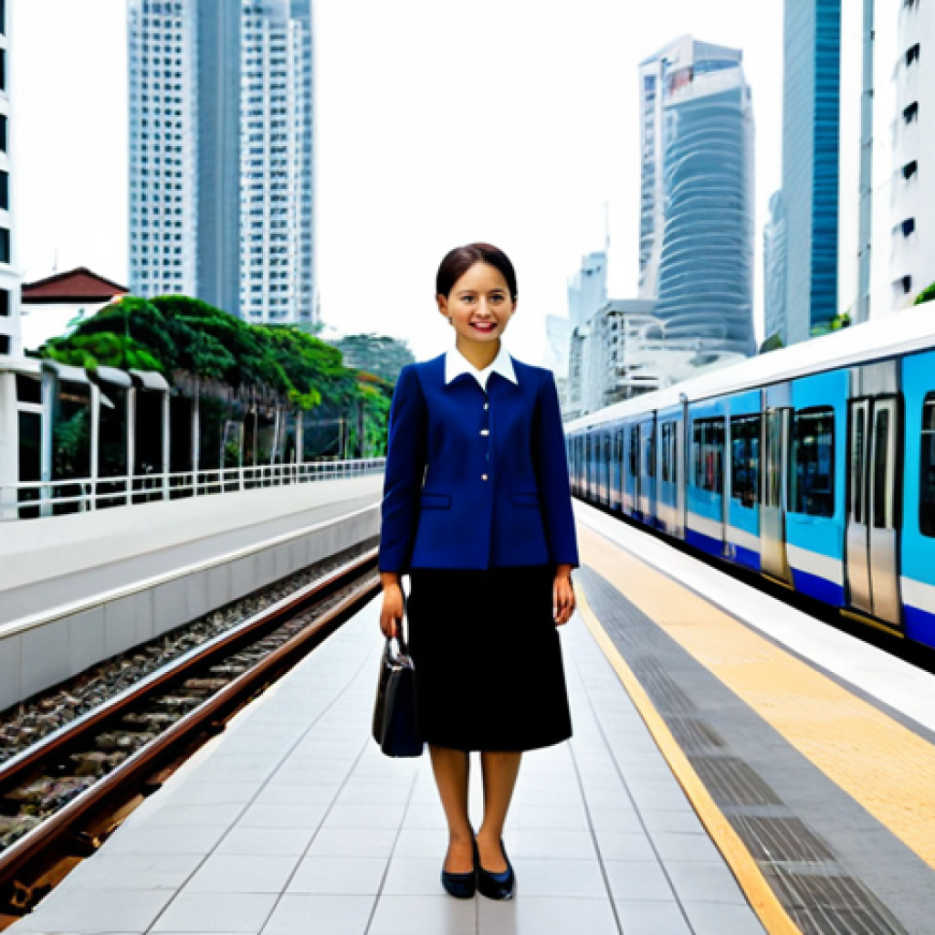 Modern Bangkok Commute**
"A professional woman in a modest business outfit stands on a BTS Skytrain platform in Bangkok, with modern skyscrapers in the background, fully clothed, appropriate attire, safe for work, perfect anatomy, natural proportions, high-resolution photography, daytime, family-friendly, dynamic perspective."
**