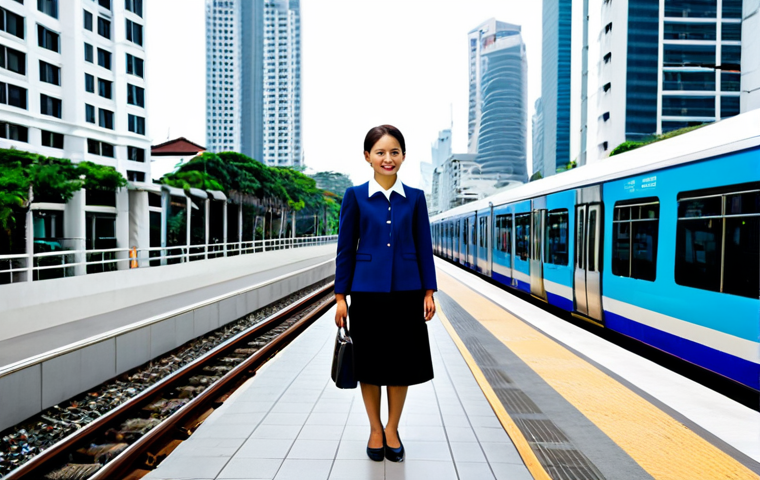 Modern Bangkok Commute**
"A professional woman in a modest business outfit stands on a BTS Skytrain platform in Bangkok, with modern skyscrapers in the background, fully clothed, appropriate attire, safe for work, perfect anatomy, natural proportions, high-resolution photography, daytime, family-friendly, dynamic perspective."
**