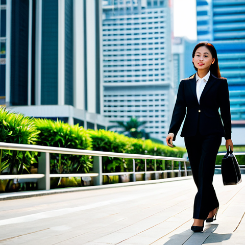 Bangkok Businesswoman**
"A professional businesswoman in a modest, tailored business suit, walking purposefully through the modern financial district of Bangkok. Skyscrapers and busy streets form the background. Fully clothed, appropriate attire, safe for work, perfect anatomy, natural proportions, professional photography, high quality."
**