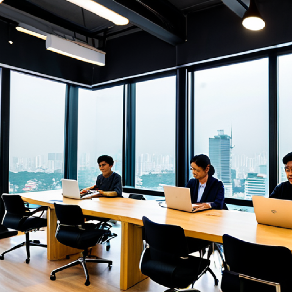 Thailand Tech Hub**
"A modern co-working space in Bangkok, Thailand, filled with diverse, fully clothed professionals collaborating on laptops. Large windows overlook the city skyline. The atmosphere is bright and energetic. Focus on innovation and collaboration. Thailand 4.0 concept. Professional, appropriate content, safe for work, perfect anatomy, natural proportions, well-formed hands, proper finger count, fully clothed, modest clothing, appropriate attire."
**