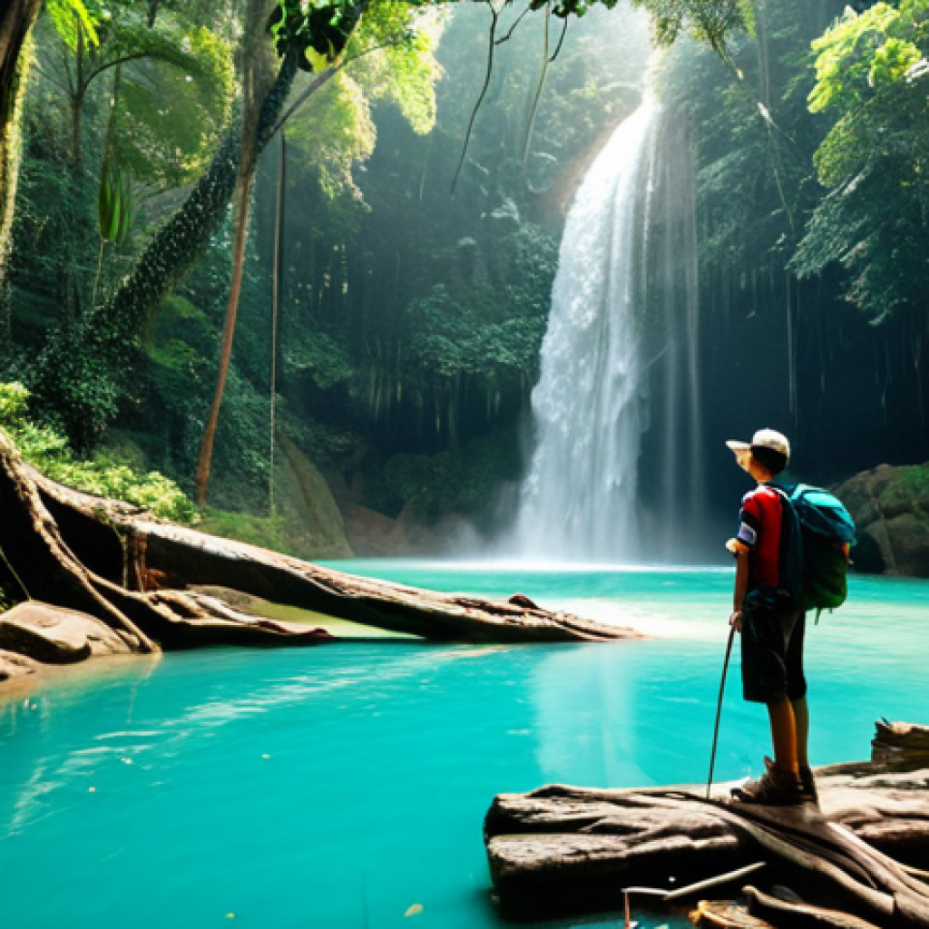 Secluded Waterfall in Thailand**
"A hiker, fully clothed in appropriate hiking gear, stands in awe before a hidden waterfall cascading into a turquoise pool in a lush Thai jungle. Sunlight filters through the dense canopy, illuminating the mist. Ancient trees with exposed roots surround the scene. Safe for work, appropriate content, perfect anatomy, natural proportions, professional photography, high quality, family-friendly, well-formed hands, proper finger count."
**