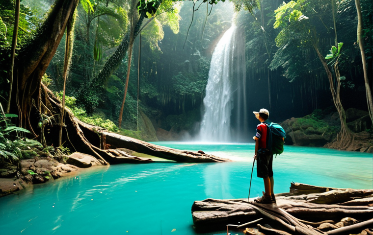 Secluded Waterfall in Thailand**
"A hiker, fully clothed in appropriate hiking gear, stands in awe before a hidden waterfall cascading into a turquoise pool in a lush Thai jungle. Sunlight filters through the dense canopy, illuminating the mist. Ancient trees with exposed roots surround the scene. Safe for work, appropriate content, perfect anatomy, natural proportions, professional photography, high quality, family-friendly, well-formed hands, proper finger count."
**