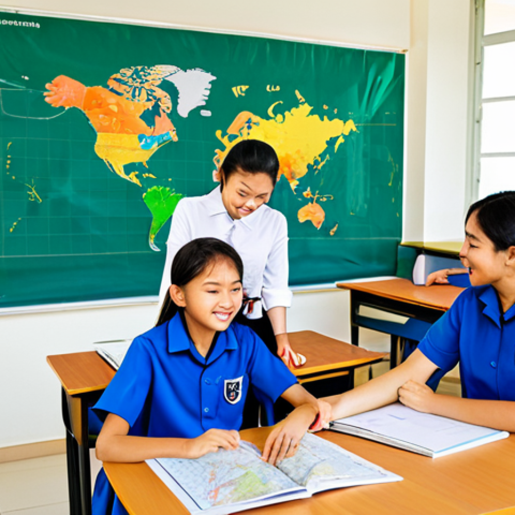 International School Classroom Scene**
"A bright and airy classroom in a modern international school in Thailand. Students of diverse backgrounds are collaborating on a project, fully clothed in school uniforms, appropriate content, safe for work. The teacher, a friendly woman in professional attire, is assisting a student. The classroom is decorated with colorful educational posters and world maps. Perfect anatomy, correct proportions, natural pose, professional, family-friendly, high-resolution, well-lit."
**