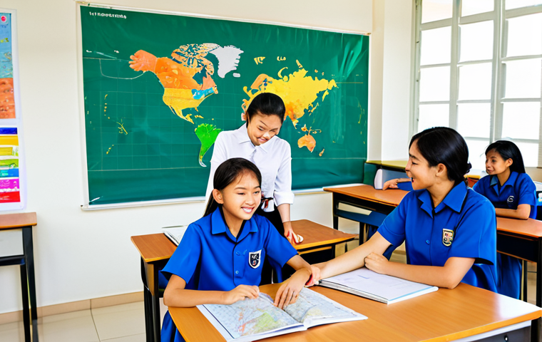 International School Classroom Scene**
"A bright and airy classroom in a modern international school in Thailand. Students of diverse backgrounds are collaborating on a project, fully clothed in school uniforms, appropriate content, safe for work. The teacher, a friendly woman in professional attire, is assisting a student. The classroom is decorated with colorful educational posters and world maps. Perfect anatomy, correct proportions, natural pose, professional, family-friendly, high-resolution, well-lit."
**