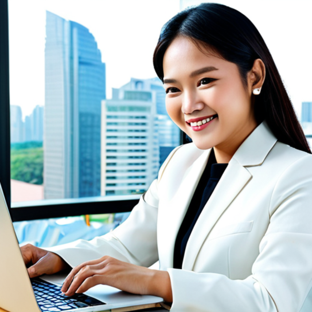 Thai Professional in a Modern Office (Career Advancement)**
"A professional Thai businesswoman in a modest, contemporary business suit, smiling confidently while working at a sleek desk in a bright, modern office. Laptop in front of her, city skyline visible through the window. Fully clothed, appropriate attire, safe for work, perfect anatomy, natural proportions, professional digital art, high quality, family-friendly."
**