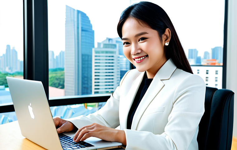 Thai Professional in a Modern Office (Career Advancement)**
"A professional Thai businesswoman in a modest, contemporary business suit, smiling confidently while working at a sleek desk in a bright, modern office. Laptop in front of her, city skyline visible through the window. Fully clothed, appropriate attire, safe for work, perfect anatomy, natural proportions, professional digital art, high quality, family-friendly."
**