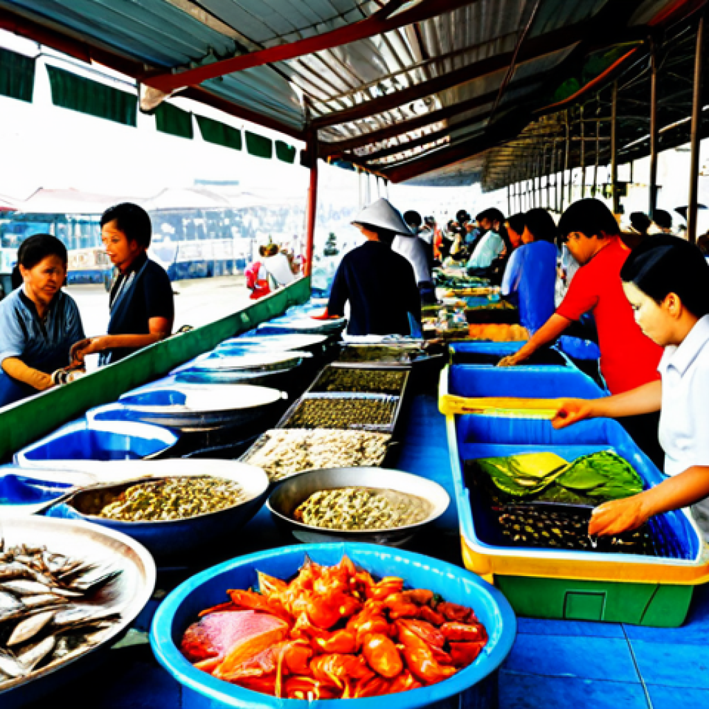 태국의 유명한 해산물 요리 - Seafood Market Scene**
"A bustling Thai seafood market with vendors displaying their fresh catch, v...