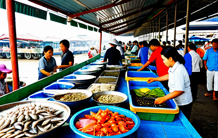 태국의 유명한 해산물 요리 - Seafood Market Scene**
"A bustling Thai seafood market with vendors displaying their fresh catch, v...