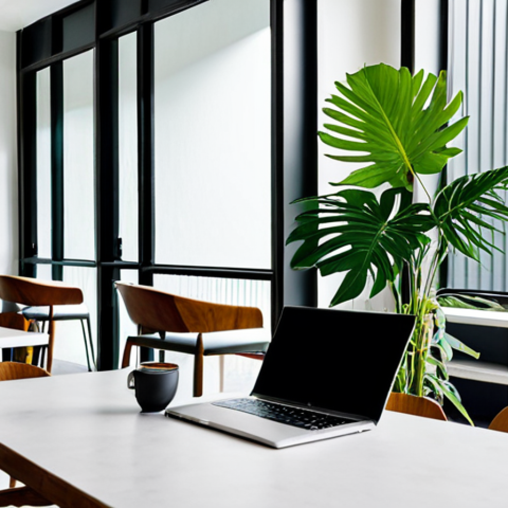 태국의 카페 문화 - **"Bangkok's Minimalist Co-working Oasis"**
A sleek, modern minimalist cafe in a bustling Bangko...