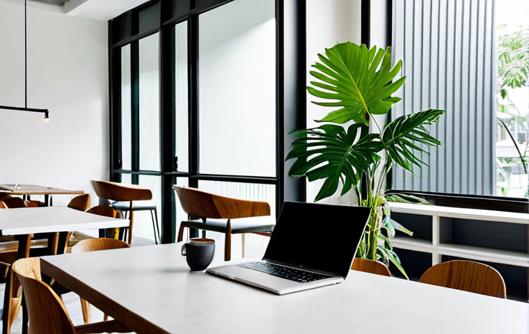 태국의 카페 문화 - **"Bangkok's Minimalist Co-working Oasis"**
A sleek, modern minimalist cafe in a bustling Bangko...