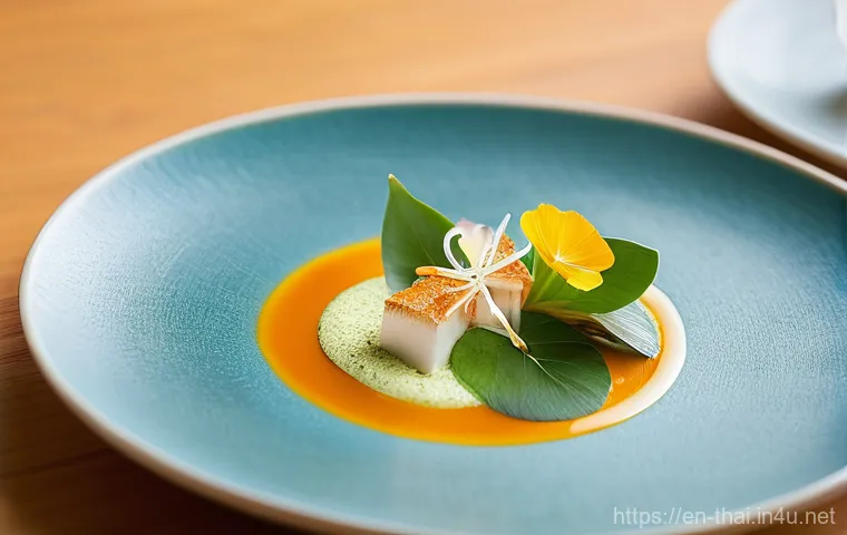 태국의 유명 셰프 - Le Du: Modern Thai Culinary Artistry**
An overhead shot of an exquisitely plated, modern Thai dish ...