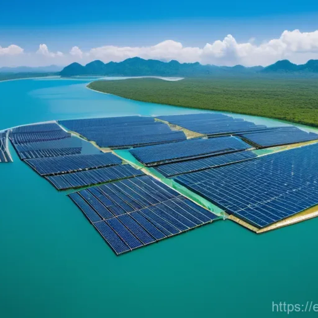 태국의 친환경 정책 - **Prompt:** "A breathtaking aerial view of a sprawling floating hydro-solar farm in Ubon Ratchathani...