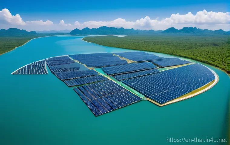 태국의 친환경 정책 - **Prompt:** "A breathtaking aerial view of a sprawling floating hydro-solar farm in Ubon Ratchathani...