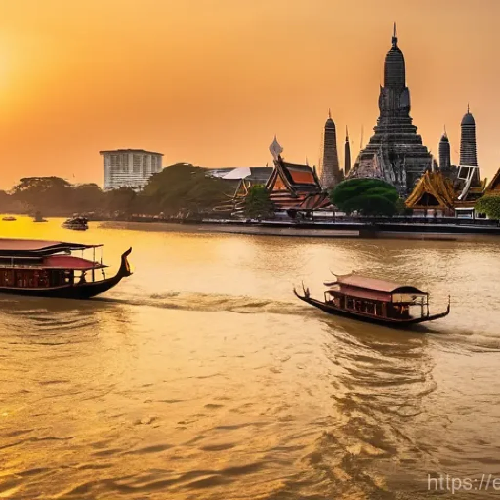 방콕 여행 루트 - A breathtaking panoramic view of Bangkok at sunset, showcasing the juxtaposition of ancient Thai tem...