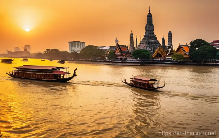 방콕 여행 루트 - A breathtaking panoramic view of Bangkok at sunset, showcasing the juxtaposition of ancient Thai tem...