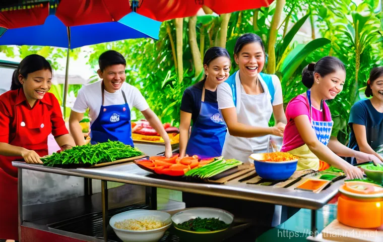 방콕 여행 루트 - A lively and colorful street food market scene in a bustling Bangkok alleyway at night. The air is t...