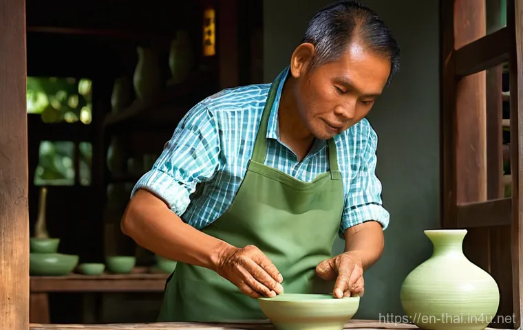 태국의 도자기 공예 - Prompt 1: The Artisan's Touch on Celadon**