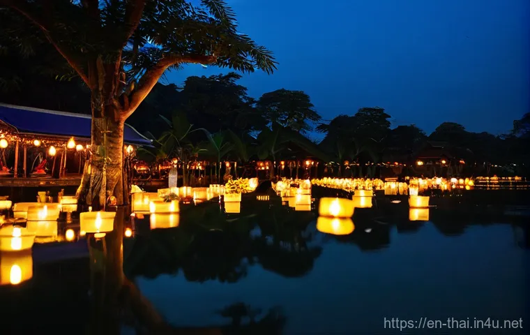 태국 전통 축제와 그 기원 - **Prompt for Loy Krathong:**
"A serene and mystical evening scene during the Loy Krathong festiv...