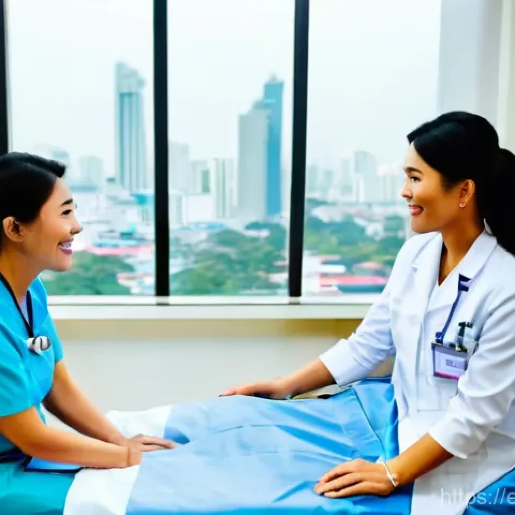 태국의 의료 관광 코스 - **Prompt:** A brightly lit, modern hospital room in Bangkok, Thailand. A professional and kind Thai ...