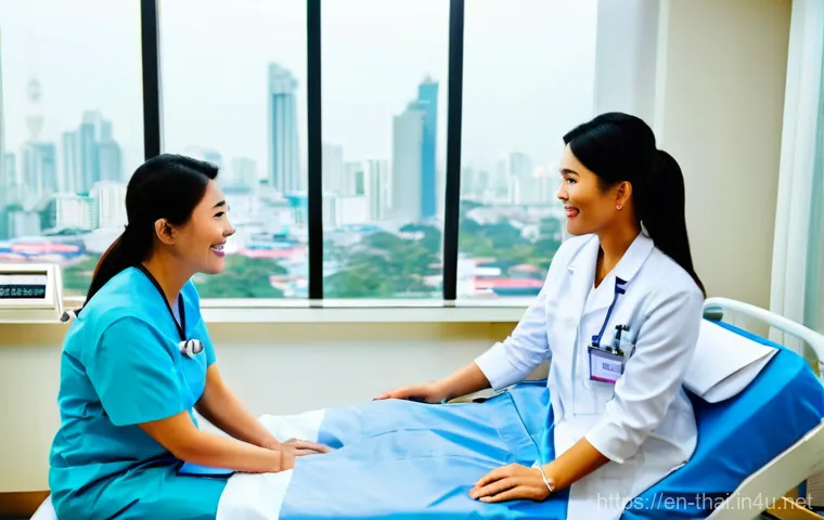 태국의 의료 관광 코스 - **Prompt:** A brightly lit, modern hospital room in Bangkok, Thailand. A professional and kind Thai ...
