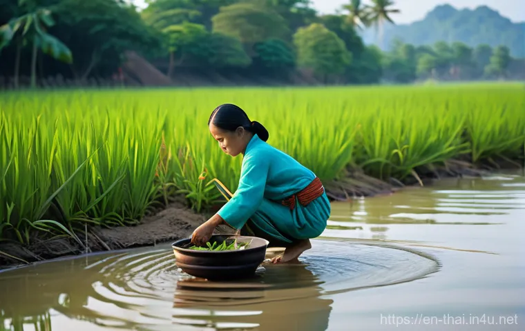 태국 전통 음식의 기원 - **Prompt:** A serene and authentic depiction of ancient Tai people in the Sukhothai kingdom era, set...