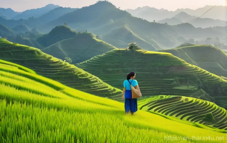 태국 관광 산업 전망 - **Northern Thailand Serenity:** An adventurous solo female traveler, in her late 20s, wearing comfor...