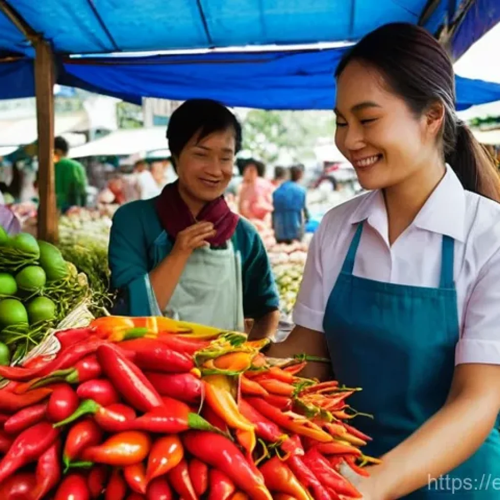 태국의 요리 학교 경험 - **Prompt:** A bustling and vibrant Thai fresh market scene. The air is filled with natural light, hi...