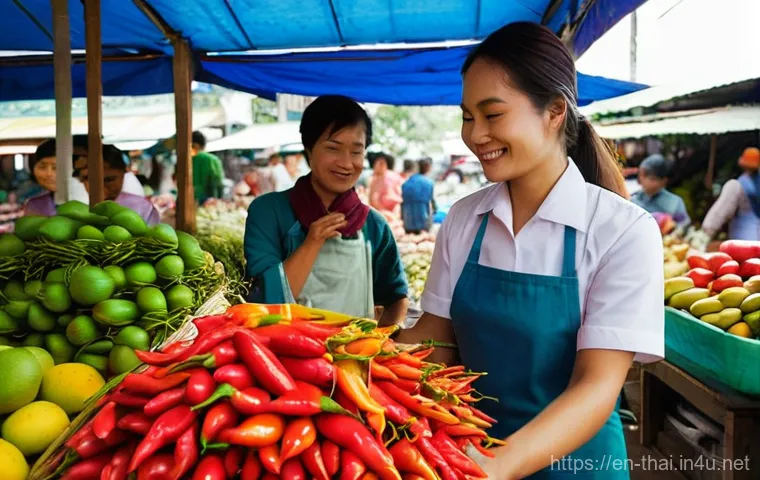 태국의 요리 학교 경험 - **Prompt:** A bustling and vibrant Thai fresh market scene. The air is filled with natural light, hi...