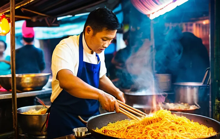 태국의 특수 요리법 - **Prompt: "Dynamic Thai Street Food Wok Master"**
A highly skilled Thai street food vendor, gend...