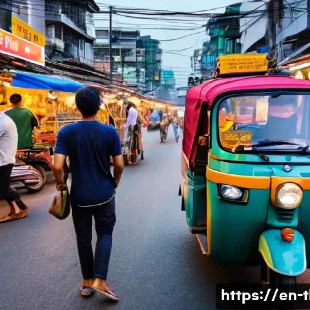태국에서 흔한 사기 사례 - A busy Bangkok street scene at dusk featuring a colorful tuk-tuk driver negotiating with a foreign t...