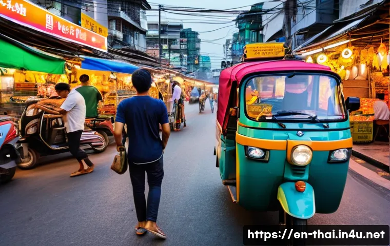 태국에서 흔한 사기 사례 - A busy Bangkok street scene at dusk featuring a colorful tuk-tuk driver negotiating with a foreign t...