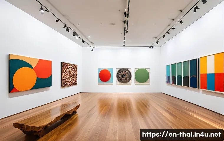 태국의 현대 예술 작가 - A vibrant contemporary art gallery interior in Bangkok’s Sukhumvit district, featuring vivid paintin...