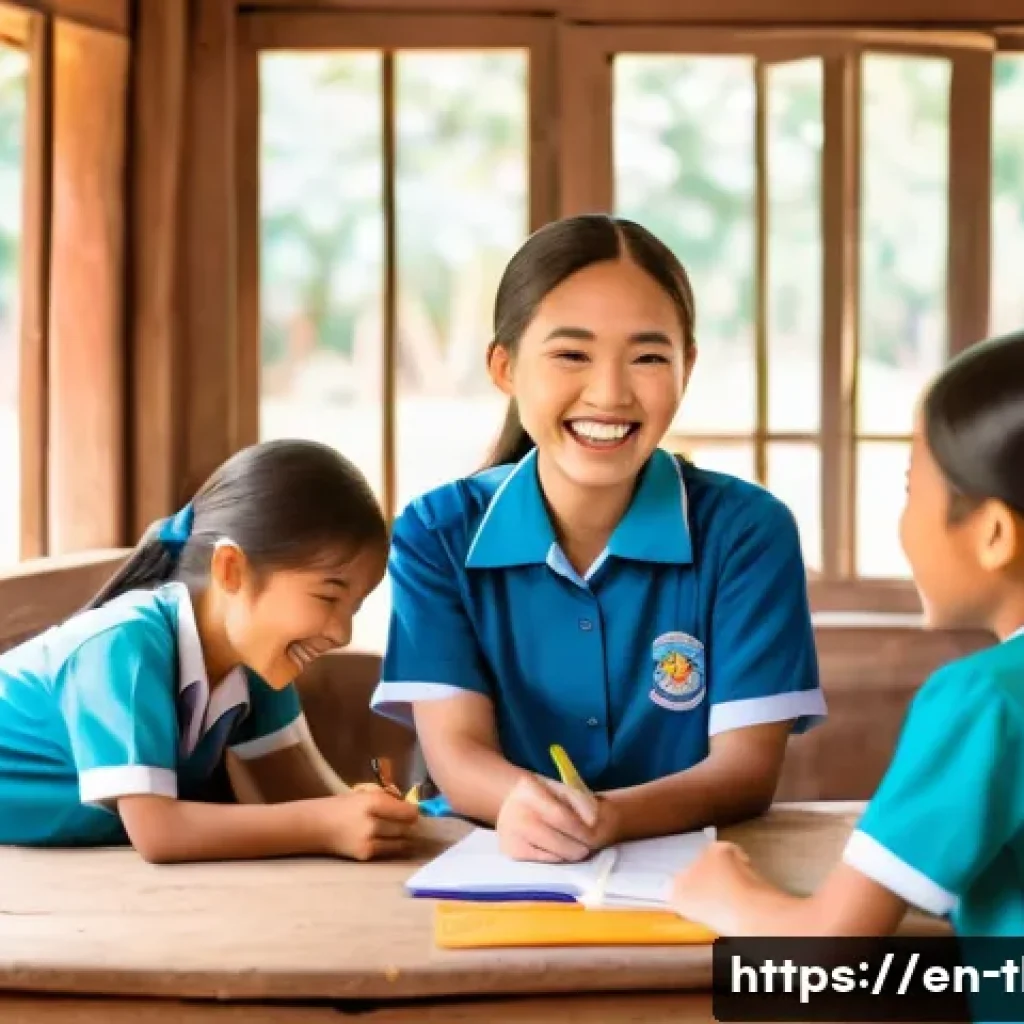 태국의 봉사활동 기회 - A warm and lively rural classroom scene in northern Thailand, showing a native English volunteer tea...