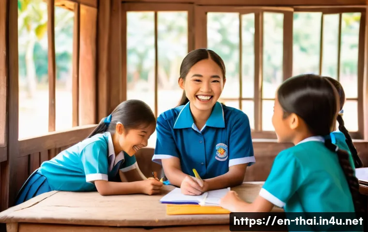 태국의 봉사활동 기회 - A warm and lively rural classroom scene in northern Thailand, showing a native English volunteer tea...