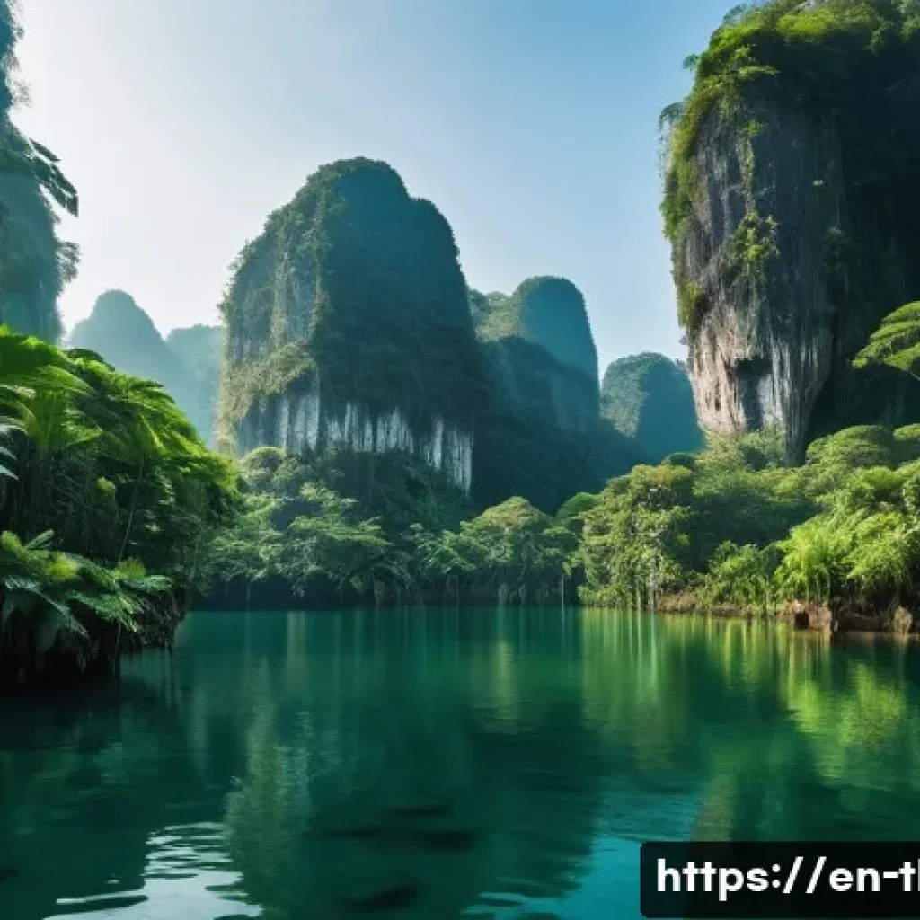 태국의 카르스트 지형 - A breathtaking tropical karst landscape featuring towering limestone cliffs covered in dense green j...