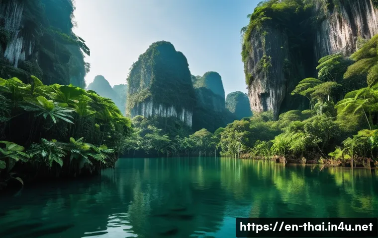 태국의 카르스트 지형 - A breathtaking tropical karst landscape featuring towering limestone cliffs covered in dense green j...